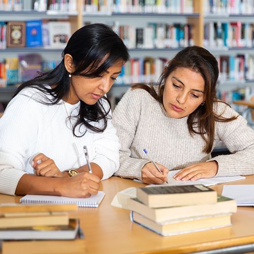 Zwei Studentinnen sitzen in einer Bibliothek an einem Tisch mit vielen B&uuml;chern und bearbeiten gemeinsam Aufgaben.